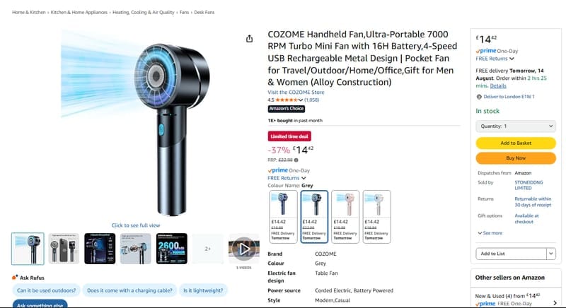 COZOME Portable 7000 RPM Mini Fan, USB Rechargeable, 4-Speed, £14.42 at ...