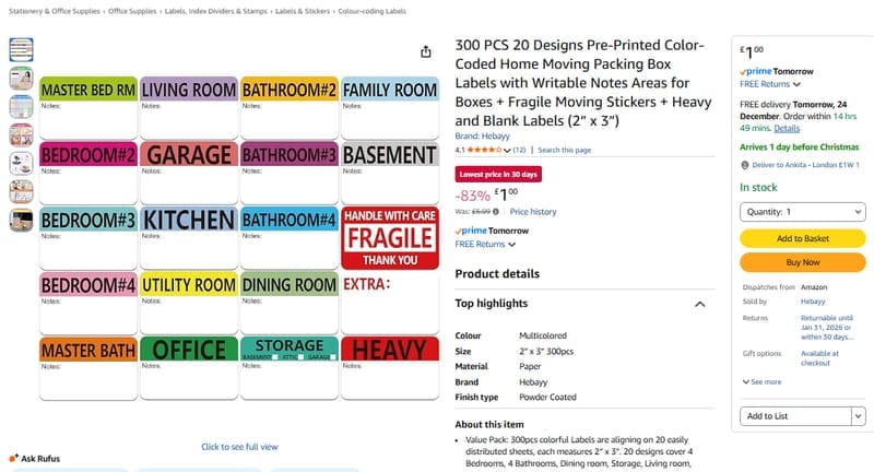 INFI-TOUCH Moving Box Labels – 960 Color-Coded Stickers, 2x3 Inch, Fragile & Room Labels, 4-Bedroom House Kit