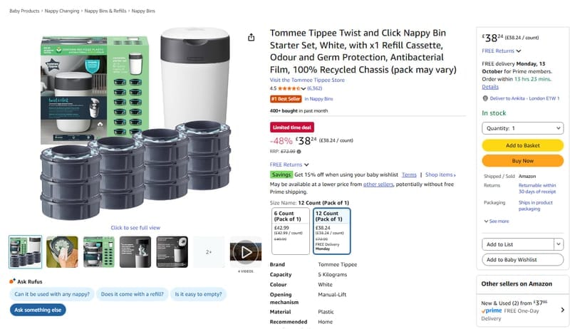 Tommee Tippee Nappy Bin Starter Set with Refill Cassette, £38.24 at Amazon