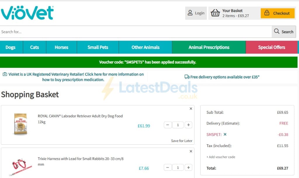 Screenshot of the Viovet discount code working