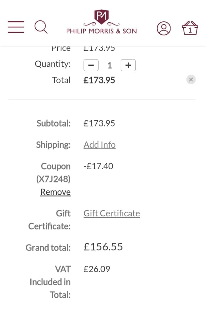 Screenshot of the Philip Morris & Son discount code working