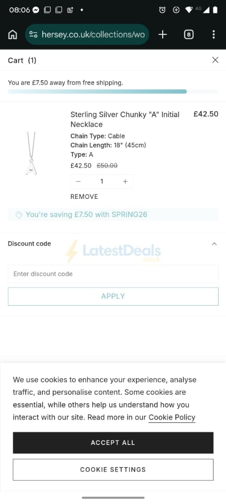 Screenshot of the Hersey discount code working