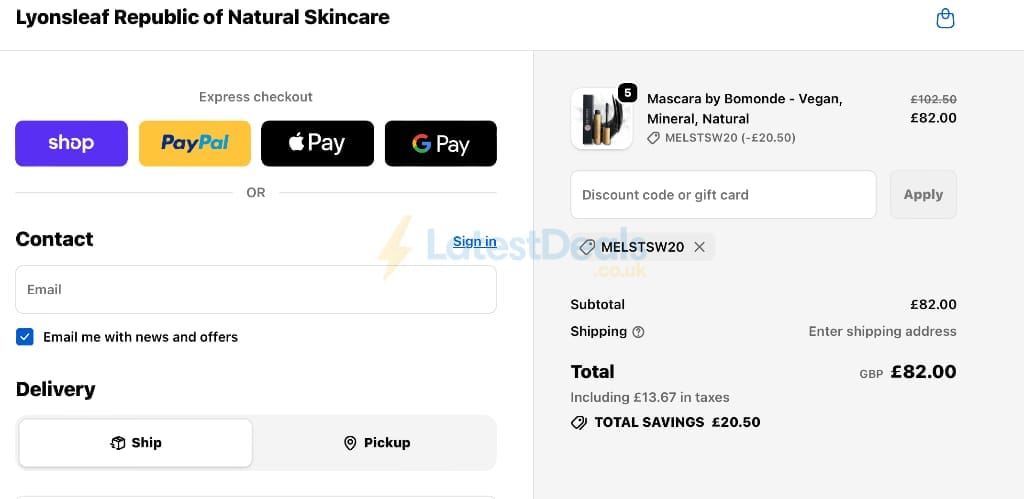 Screenshot of the Lyonsleaf discount code working