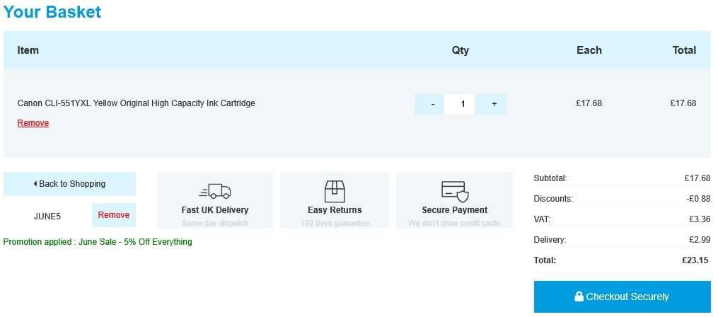 Screenshot of the 999Inks discount code working
