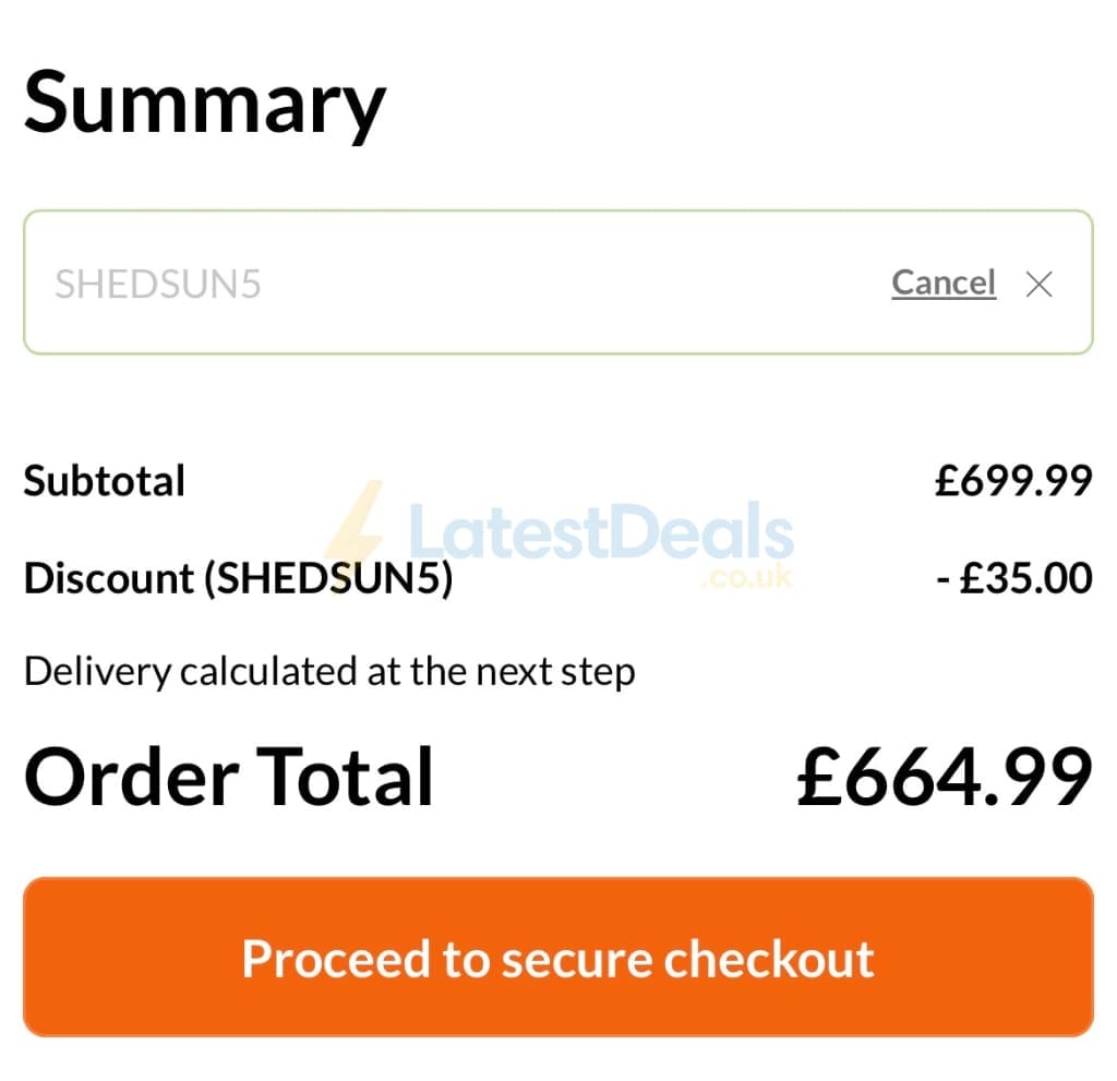 Screenshot of the Shedstore discount code working