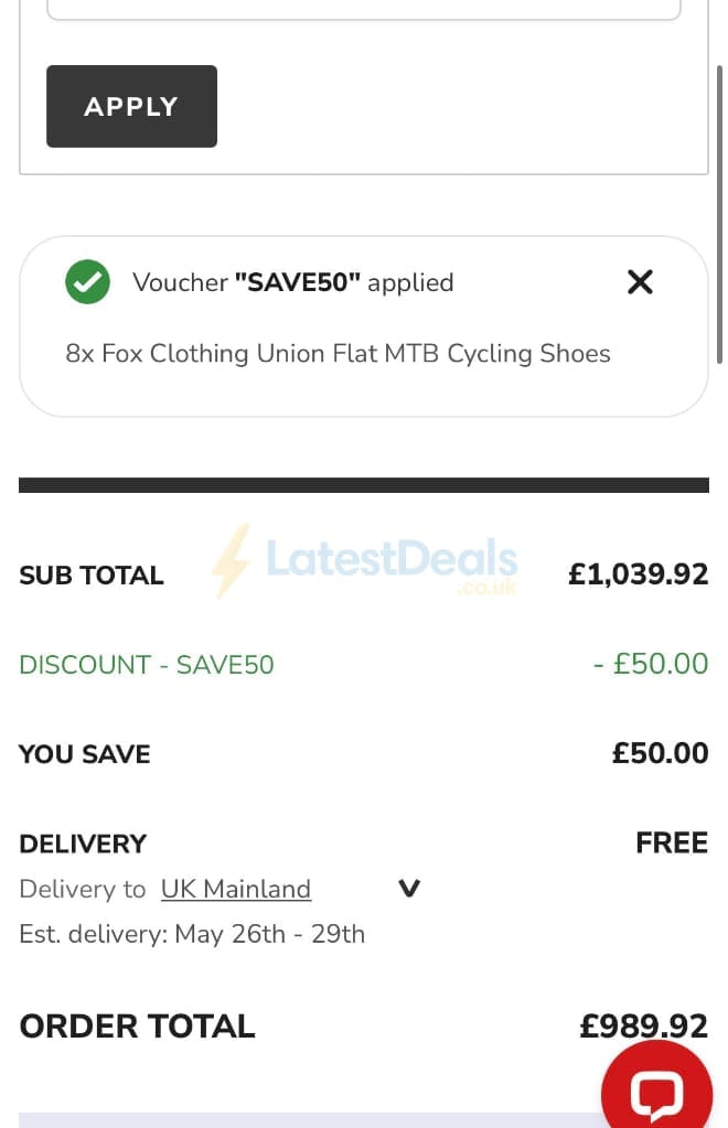Screenshot of the Tredz Limited discount code working