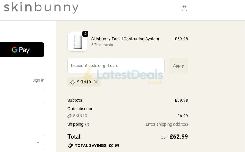 Screenshot of the Skinbunny discount code working