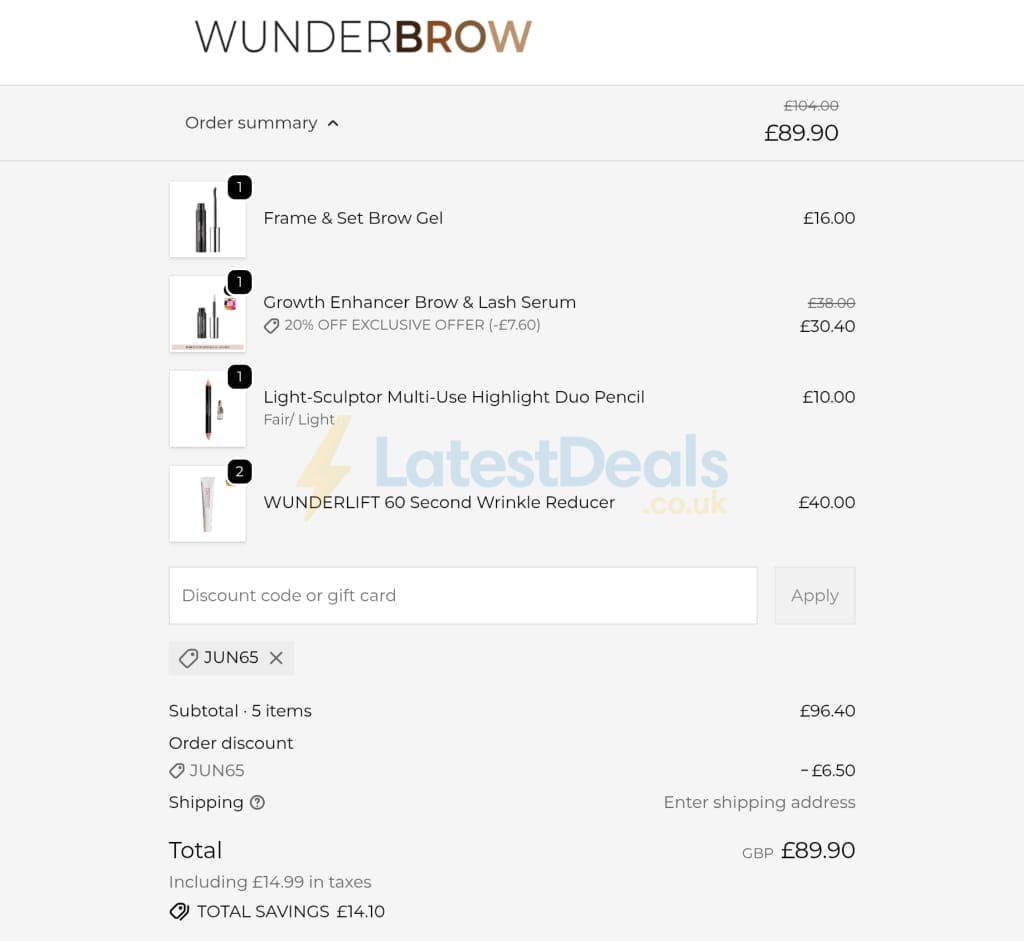Screenshot of the Wunderbrow discount code working