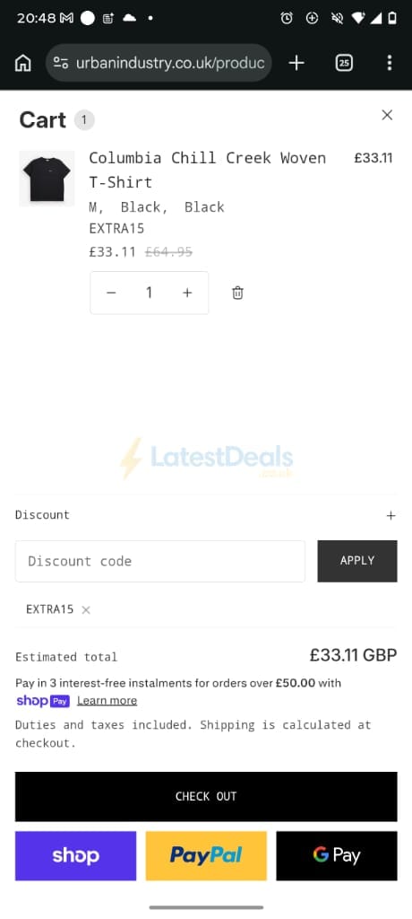 Screenshot of the Urbanindustry discount code working
