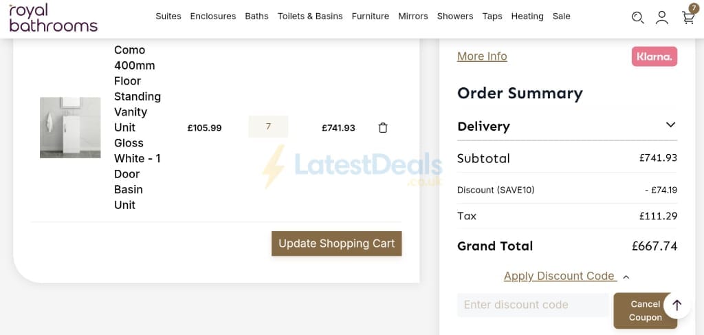Screenshot of the Royal Bathrooms discount code working
