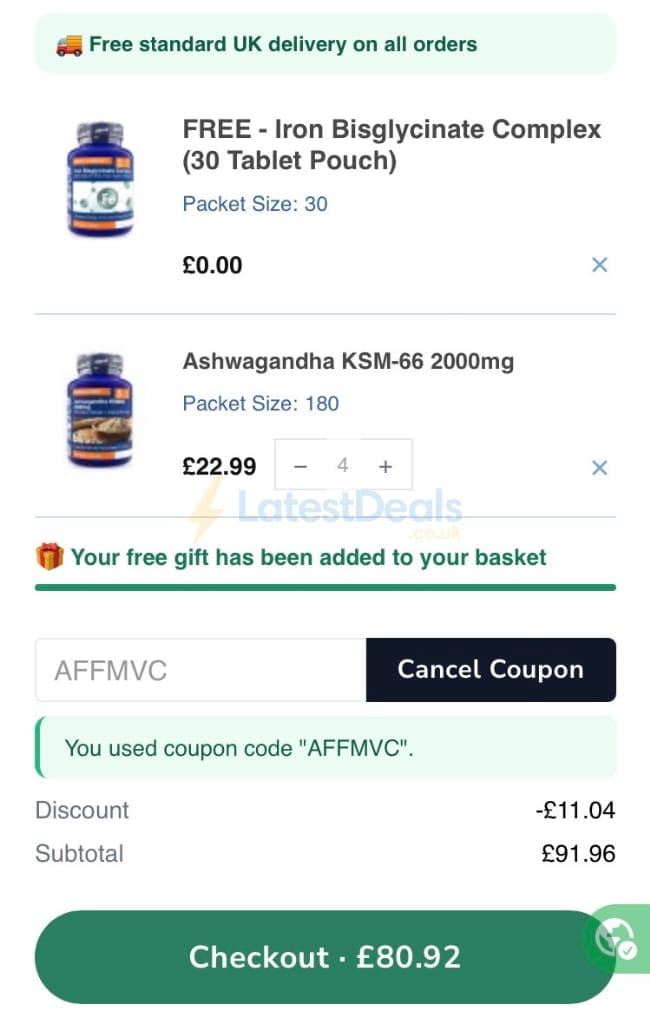 Screenshot of the ZipVit discount code working