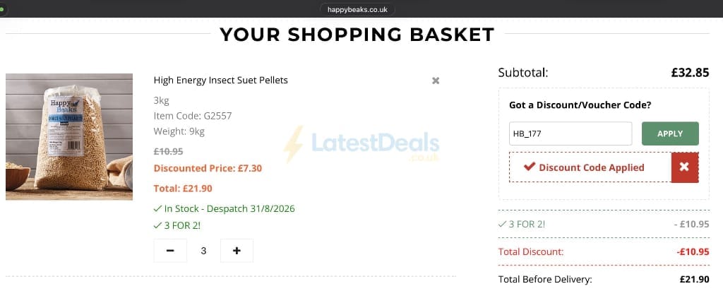Screenshot of the Happy Beaks discount code working