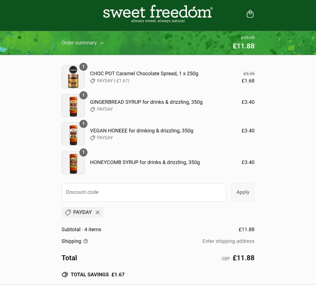 Screenshot of the Sweet Freedom discount code working