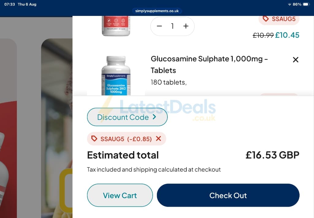 Screenshot of the SimplySupplements discount code working