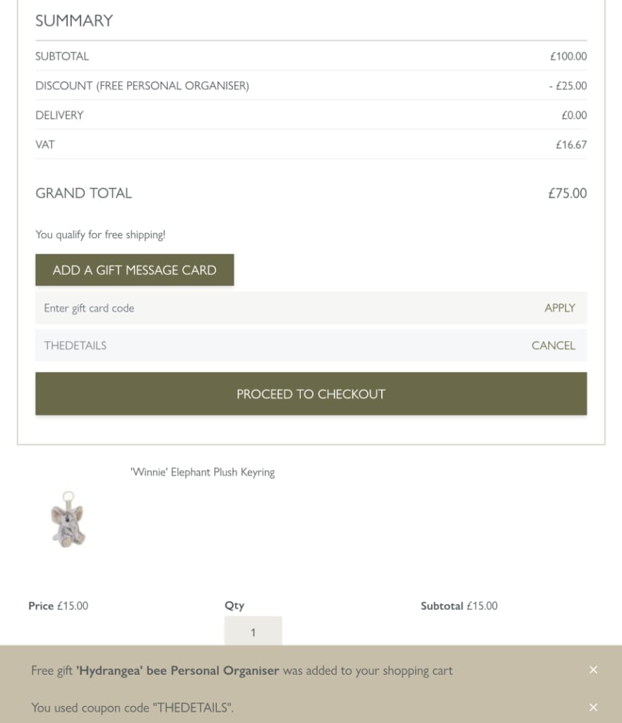 Screenshot of the Wrendale Designs discount code working