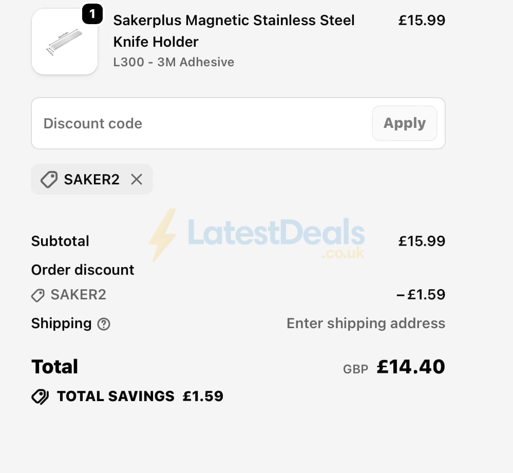 Screenshot of the SAKER discount code working