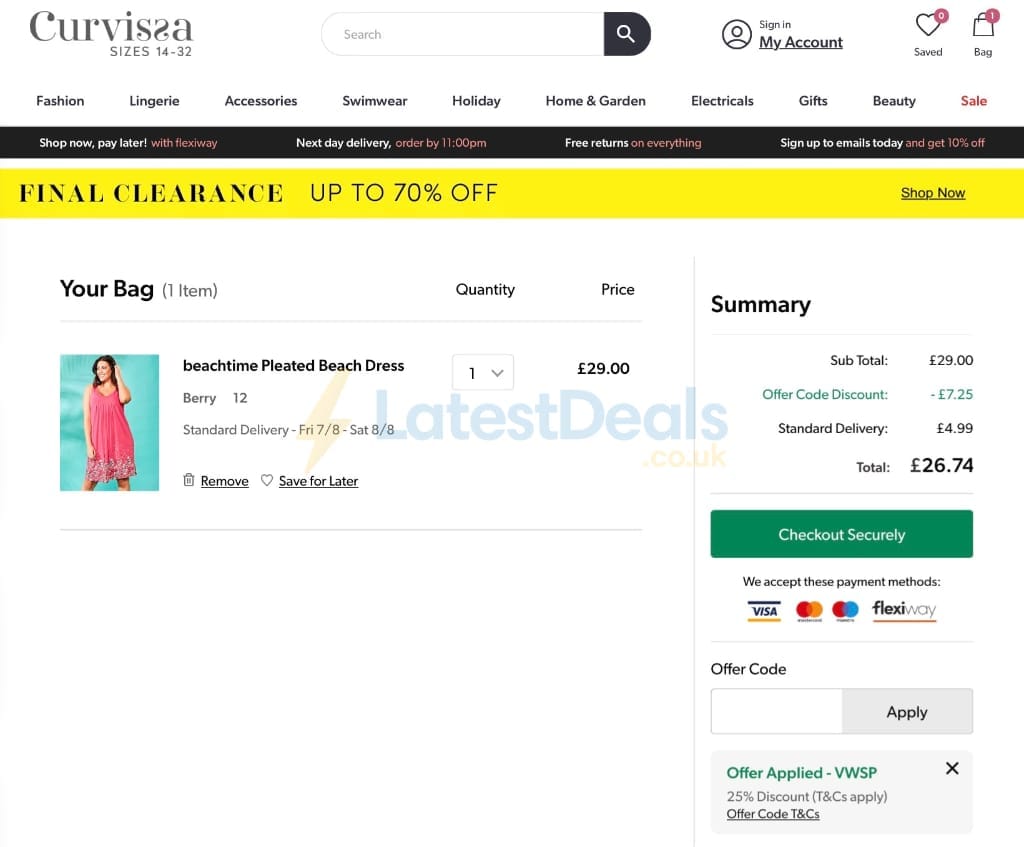Screenshot of the Curvissa discount code working