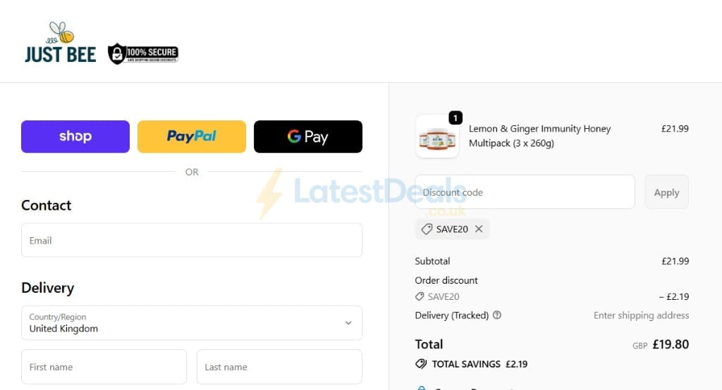 Screenshot of the Just Bee Honey discount code working