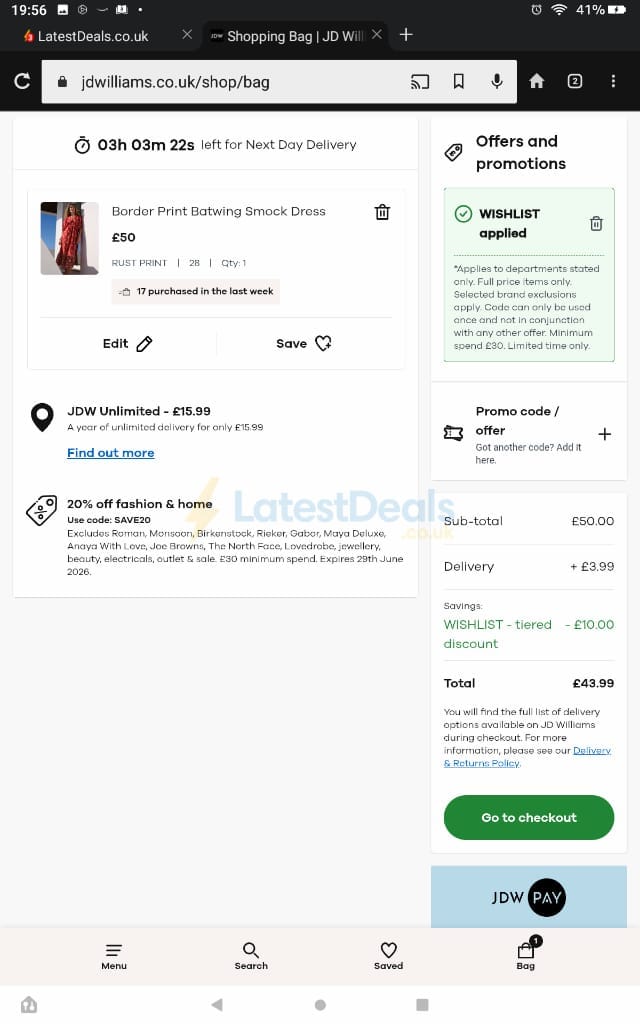 Screenshot of the JD Williams discount code working