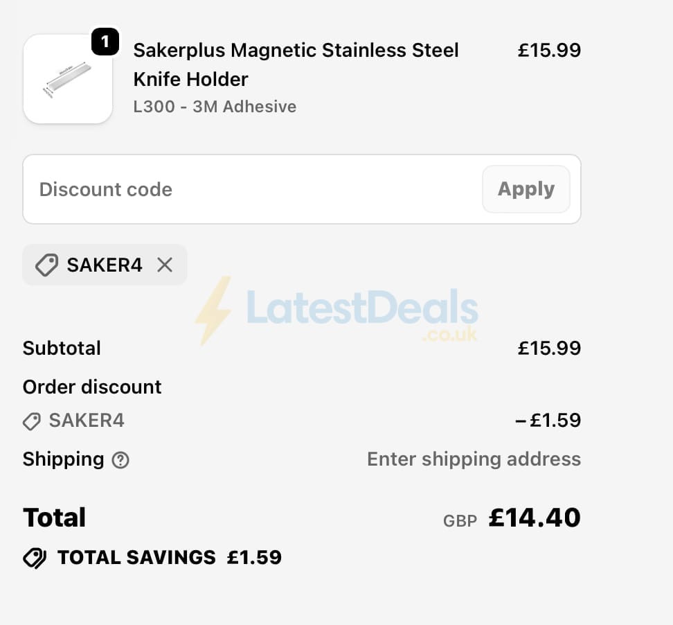 Screenshot of the SAKER discount code working