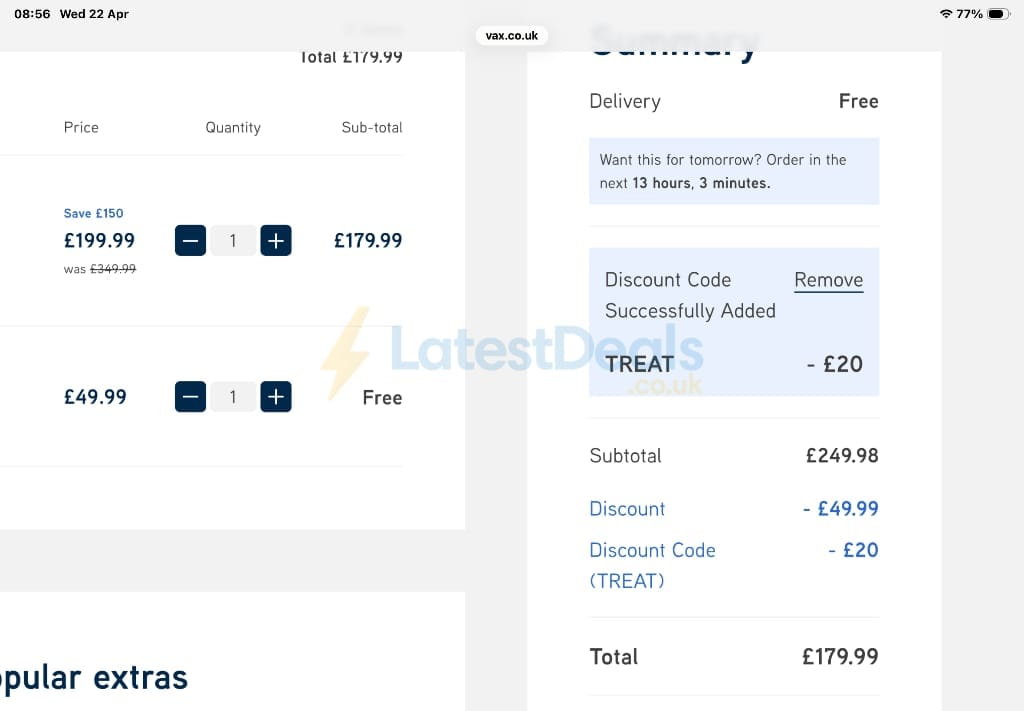 Screenshot of the Vax discount code working