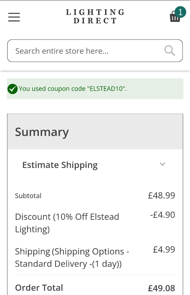 Screenshot of the Lighting Direct discount code working