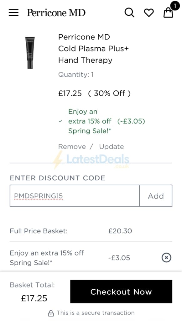 Screenshot of the Perricone MD discount code working