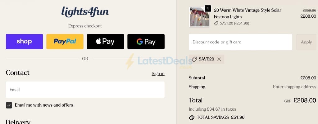 Screenshot of the Lights4fun discount code working