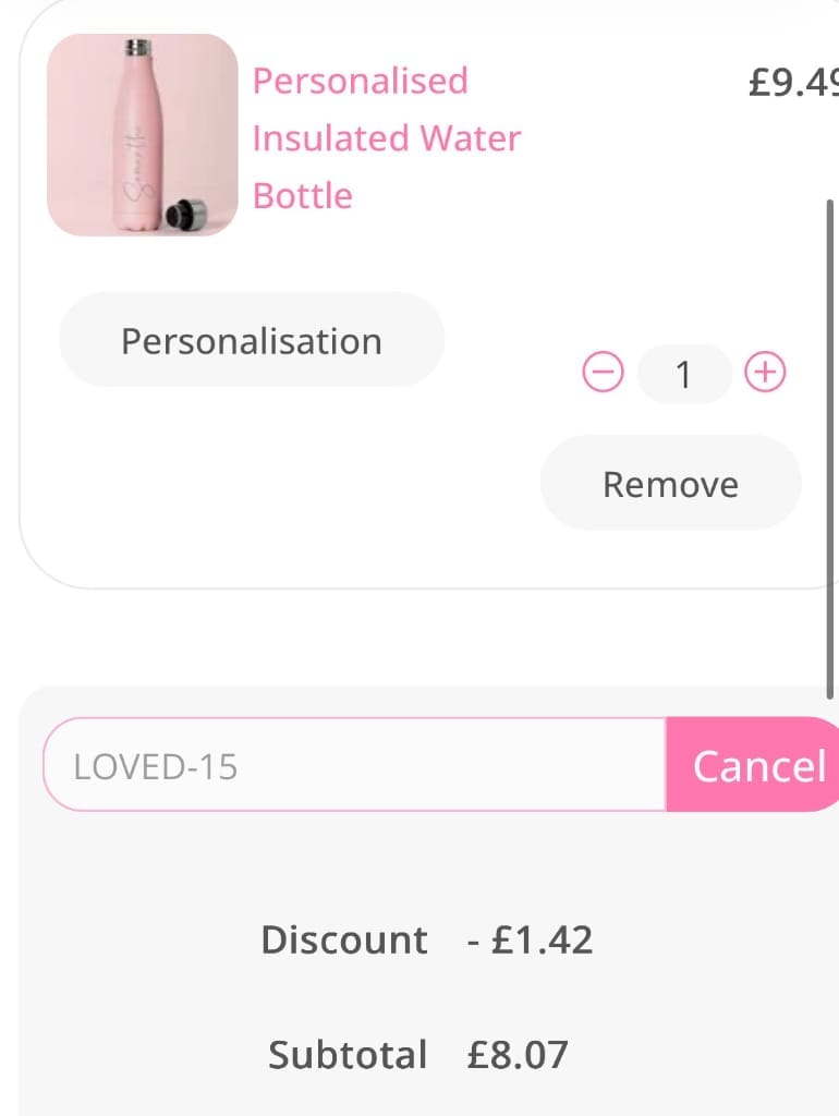 Screenshot of the Personalised Gifts Shop discount code working