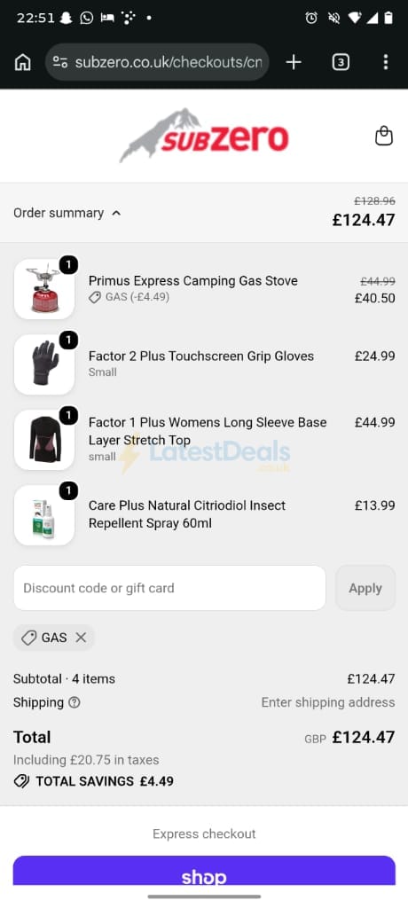 Screenshot of the Subzero discount code working