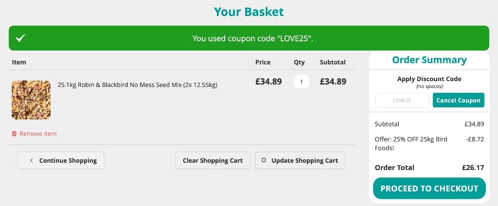 Screenshot of the Love Garden Birds discount code working