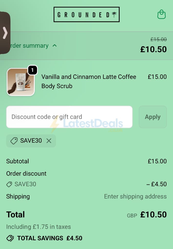 Screenshot of the Grounded Body Scrub discount code working
