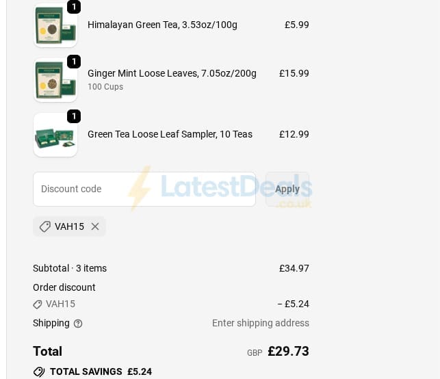 Screenshot of the Vahdam Teas discount code working