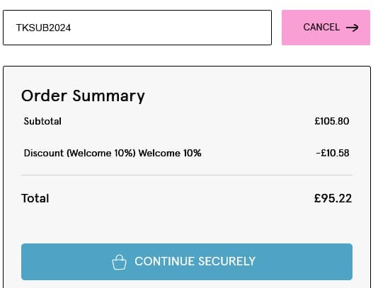 Screenshot of the Tyrrell Katz discount code working