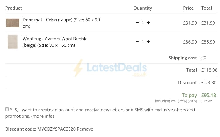 Screenshot of the Trendcarpet discount code working