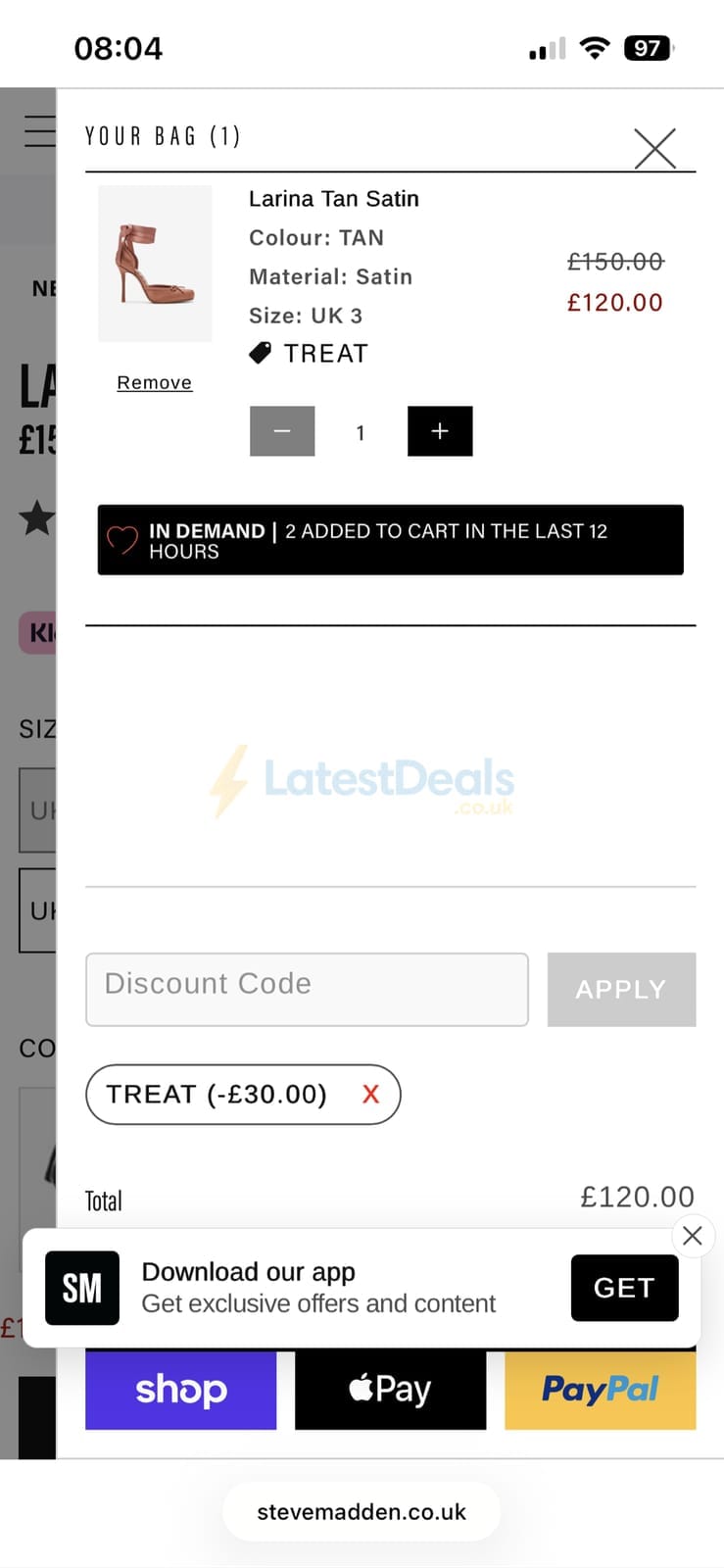 Screenshot of the Steve Madden discount code working