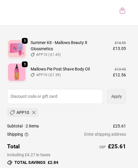 Screenshot of the Mallows Beauty discount code working
