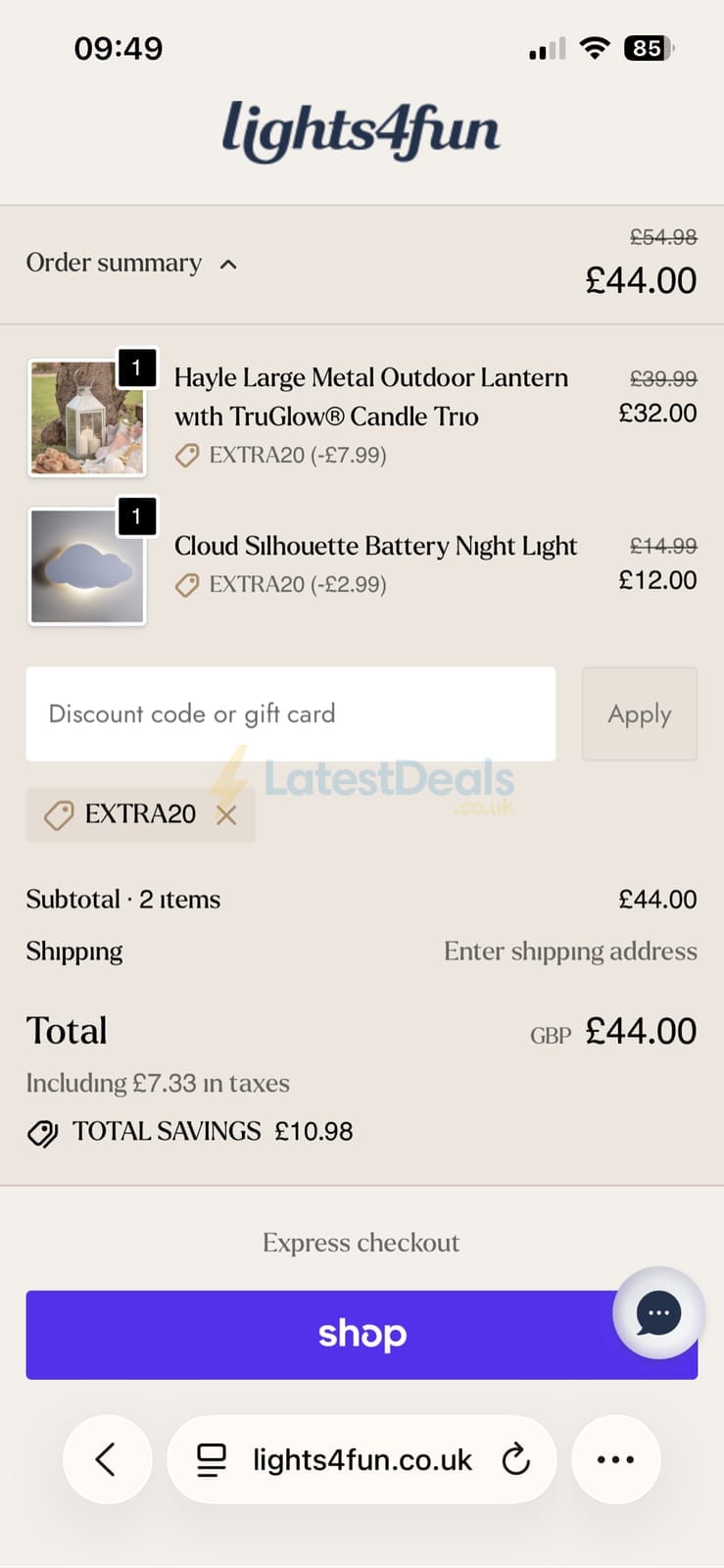 Screenshot of the Lights4fun discount code working