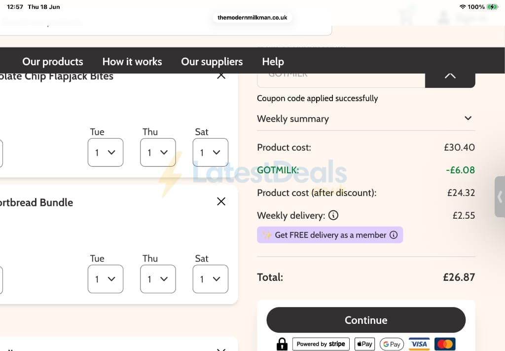 Screenshot of the The Modern Milkman discount code working
