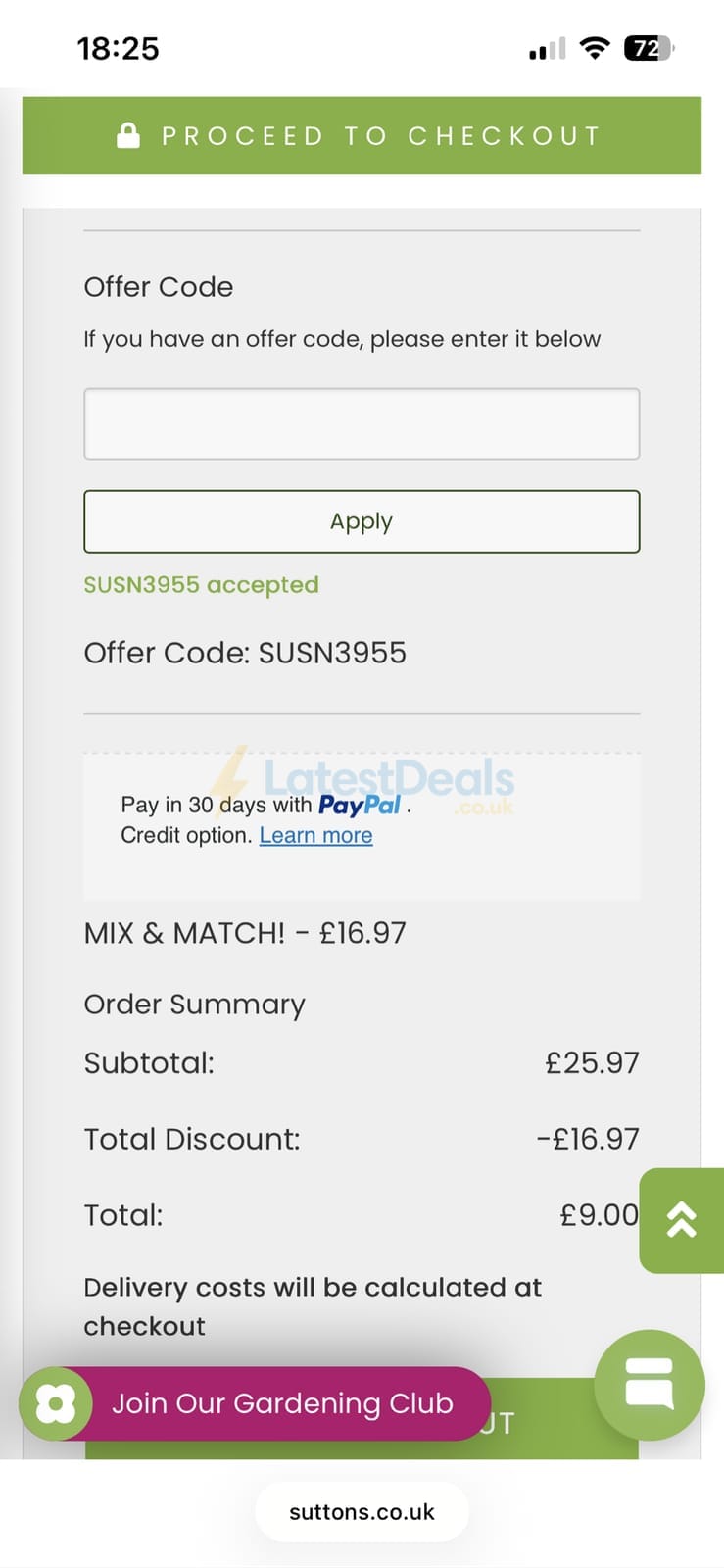 Screenshot of the Suttons discount code working