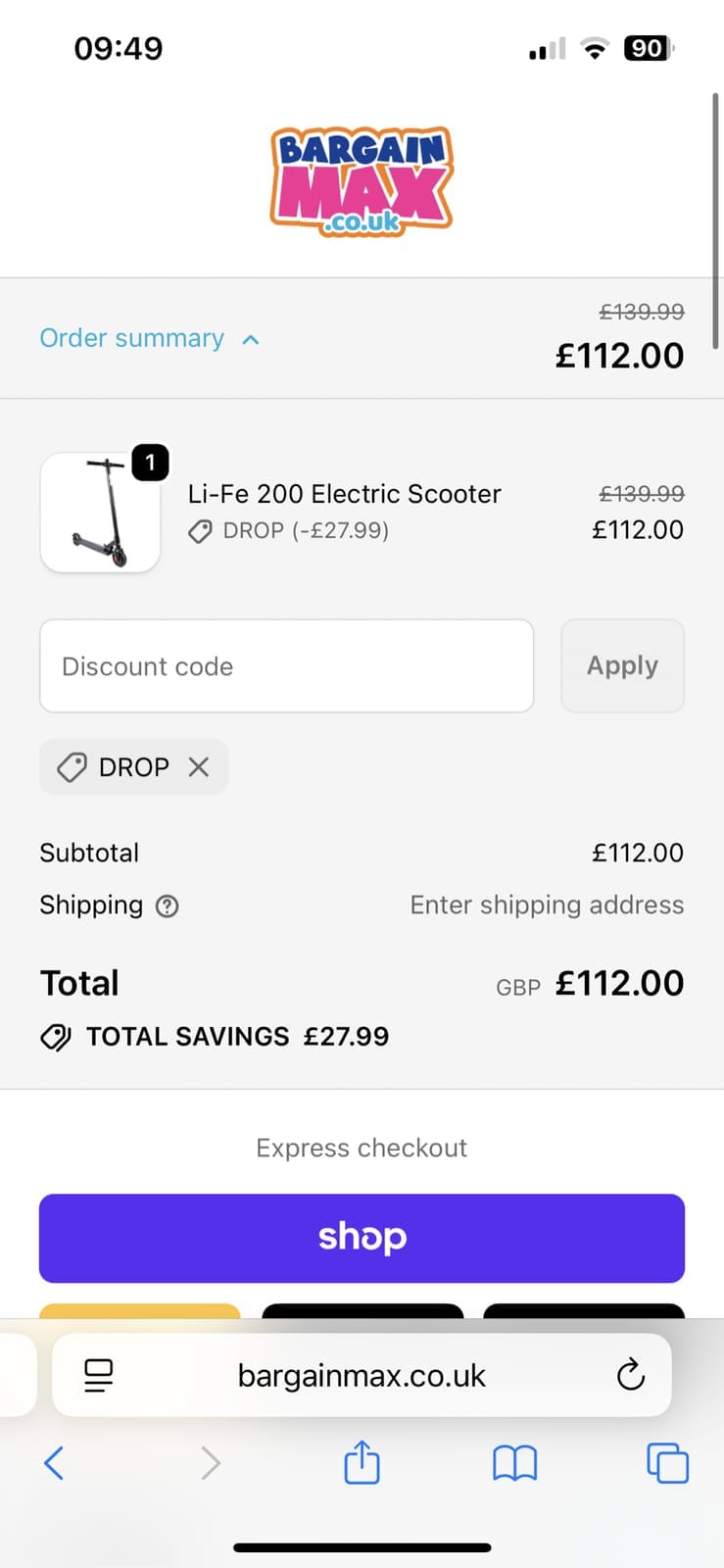 Screenshot of the BargainMax discount code working
