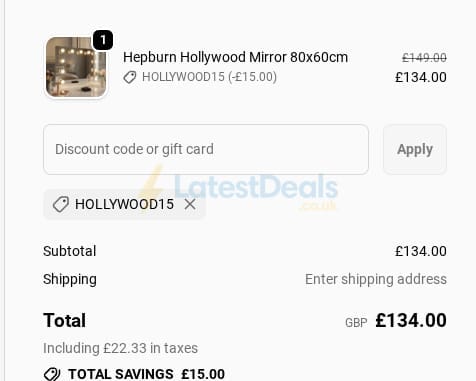 Screenshot of the Hollywood Mirrors discount code working