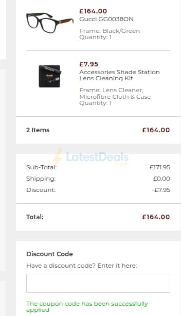 Screenshot of the Glasses Station discount code working