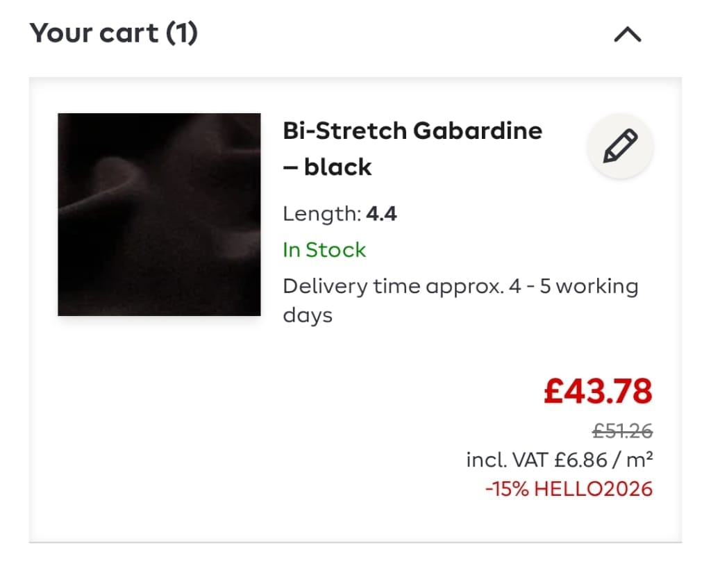 Screenshot of the My Fabrics discount code working