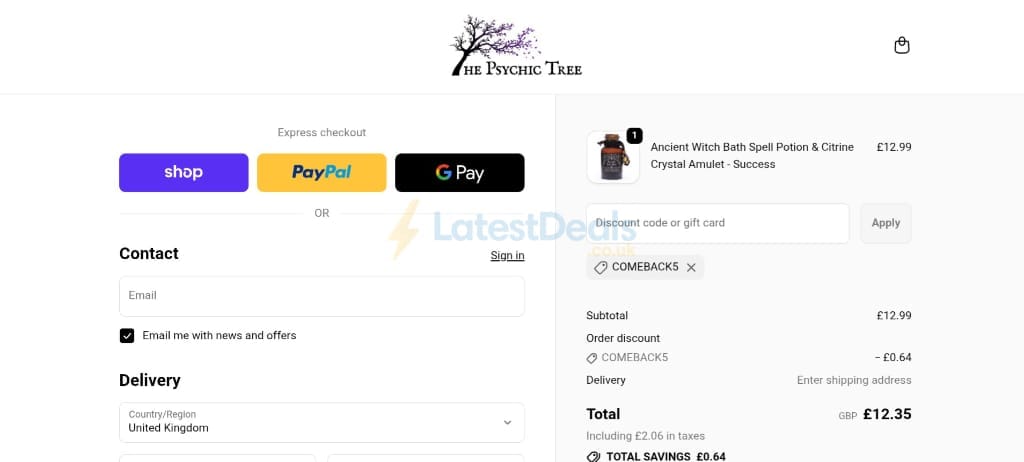Screenshot of the The Psychic Tree discount code working
