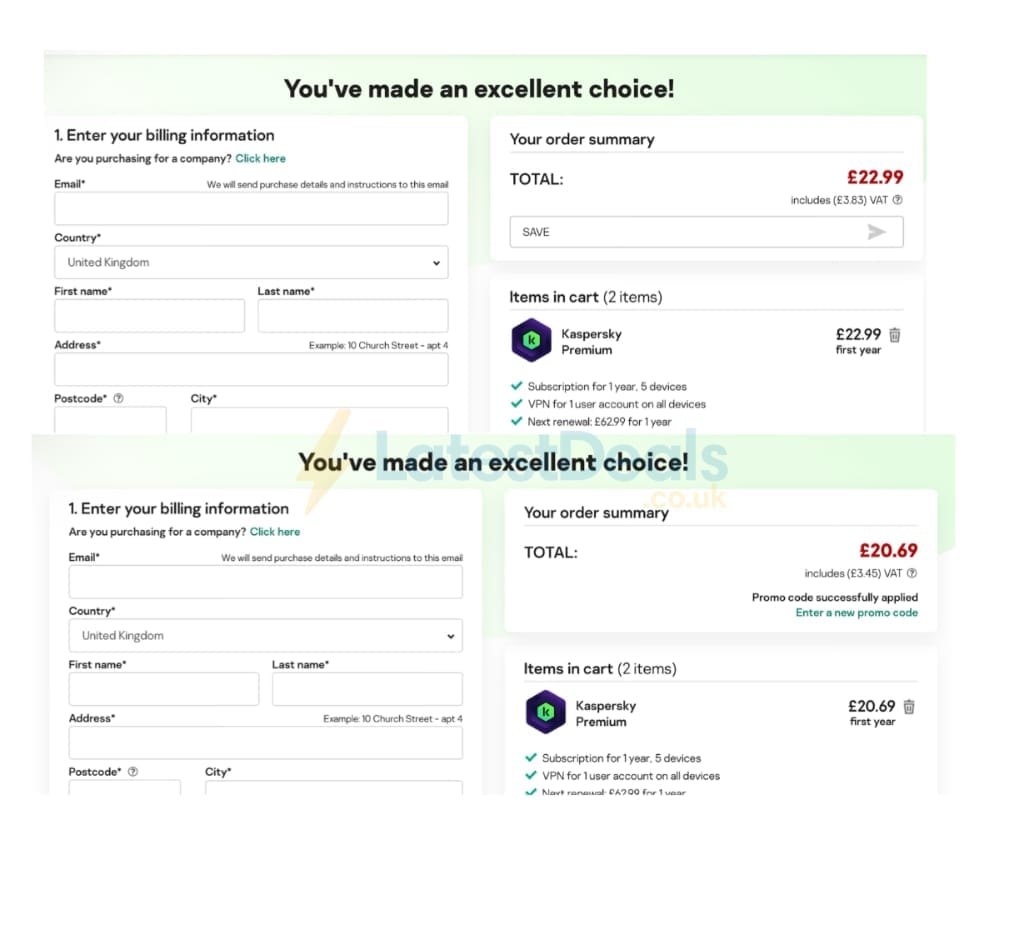 Screenshot of the Kaspersky discount code working