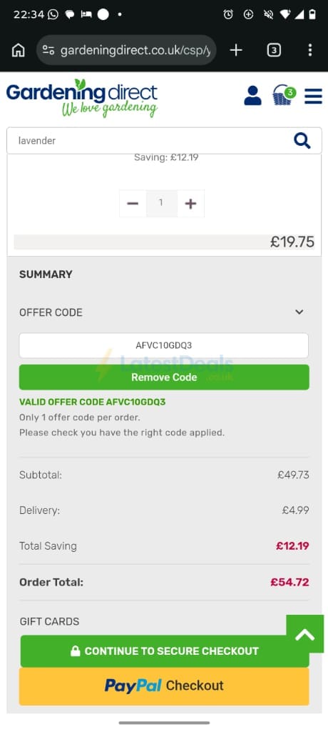 Screenshot of the Gardening Direct discount code working