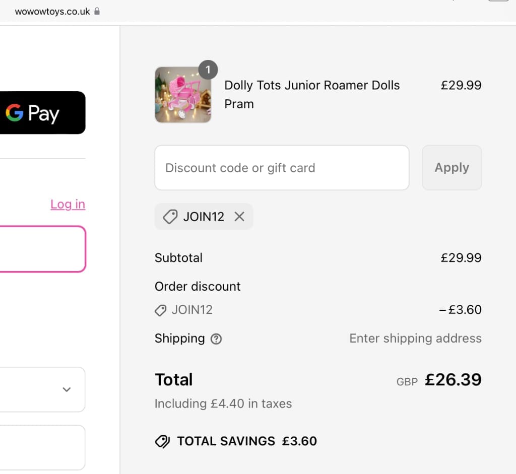 Screenshot of the Wowow Toys discount code working