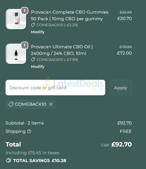 Screenshot of the Provacan discount code working
