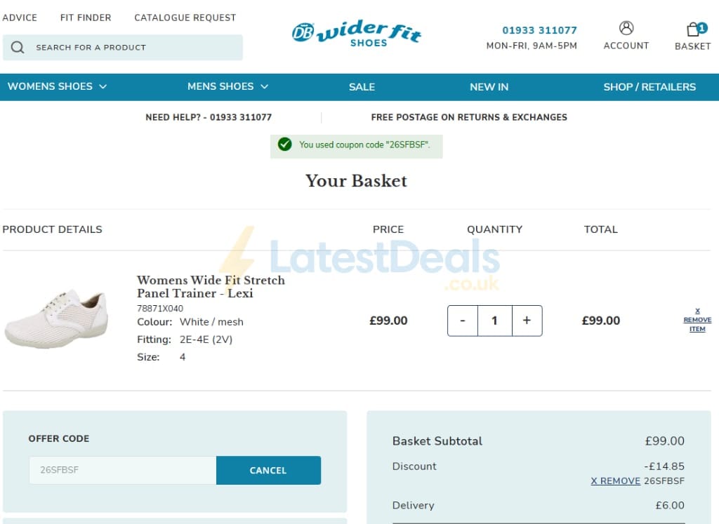 Screenshot of the Wider Fit Shoes discount code working